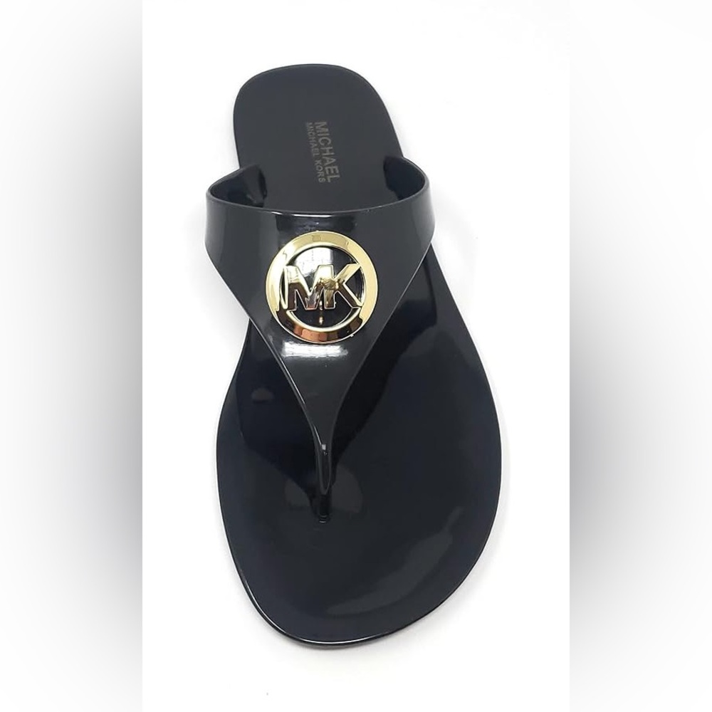 NEW Michael Kors Glossy Jelly Black Sandals with Gold Logo size 6